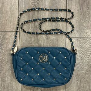 Badgley Mischka Teal Quilted Camera Crossbody Studded Leather Bag